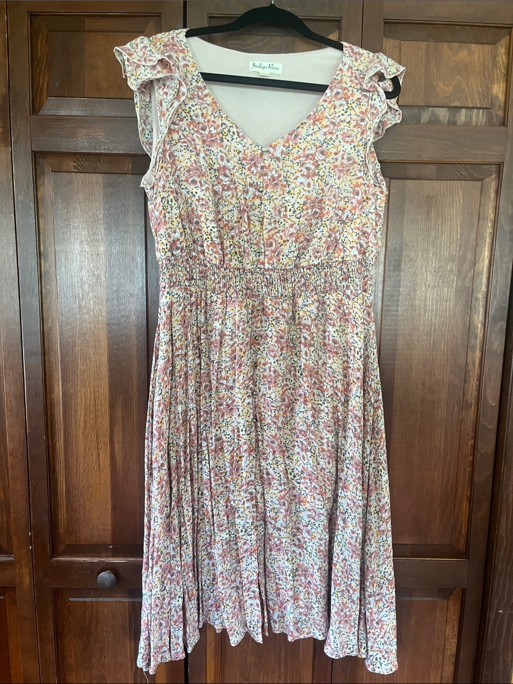 Smocked Waist Pink Floral Midi Dress by Indigo Rose